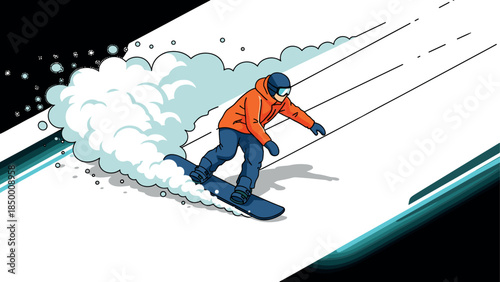 Snowboarder making dynamic turn on snowy slope in cartoon style