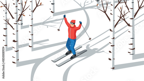 Winter recreation: isometric skiing through snowy birch forest