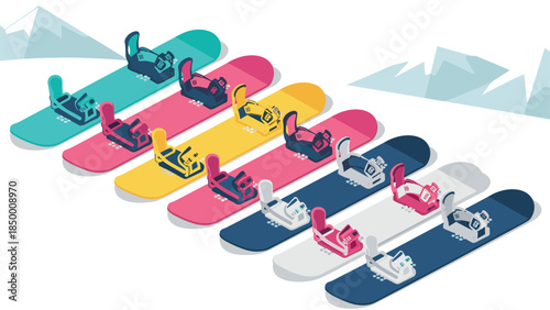 Colorful snowboards in isometric design with mountain backdrop