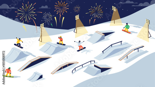 Nighttime snowboard park celebration with fireworks and dynamic ramps