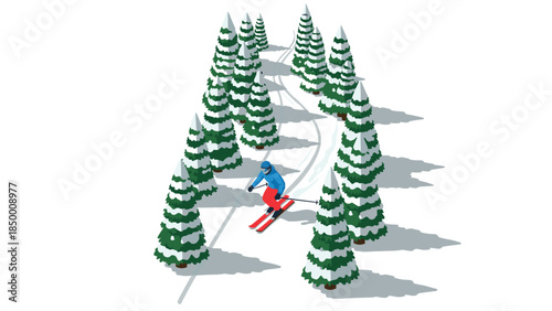 Isometric winter skiing scene with snow-covered trees and skier in action
