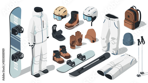 Winter sports equipment collection with snowboards, skis, apparel, and accessories in isometric style