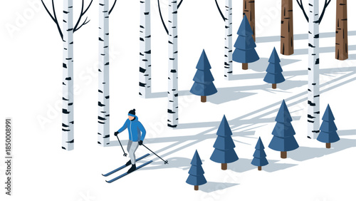 Isometric winter scene: skier gliding through snowy forest of birch and pine trees