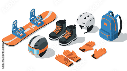 Winter sports equipment set: snowboard, helmets, and gear in isometric style