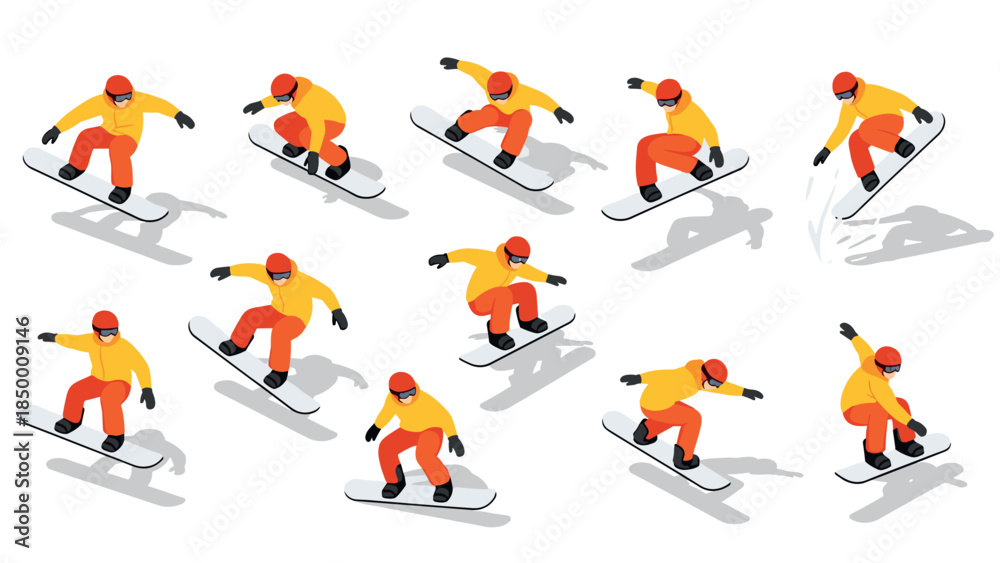 Fototapeta premium Dynamic snowboarding action in isometric style: winter sports enthusiasm