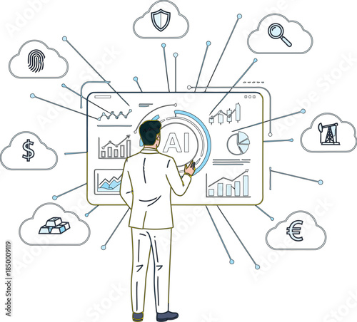 AI-Powered Data Analysis: An individual interacts with an advanced data interface, surrounded by symbolic representations of finance, security, and global resources.