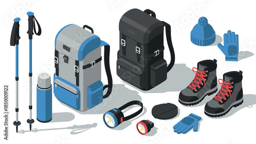 Isometric hiking gear set with backpacks, boots, and accessories