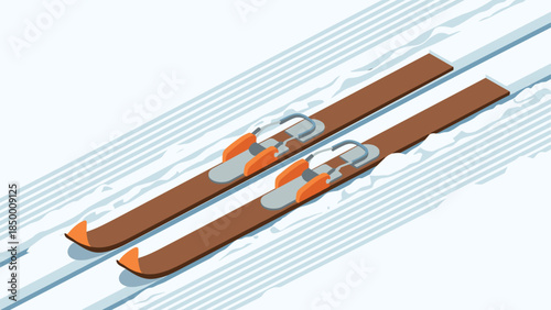 Isometric ski equipment on snowy track: modern winter sports gear design