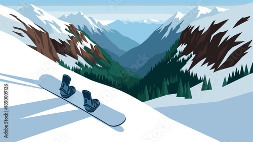 Snowboard adventure in majestic mountain landscape with flat design