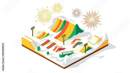Isometric winter snow park with colorful ramps and fireworks display