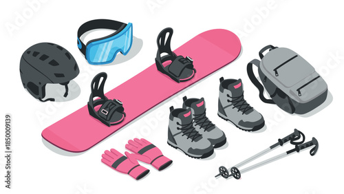 Isometric winter sports equipment: pink snowboard, boots, and accessories