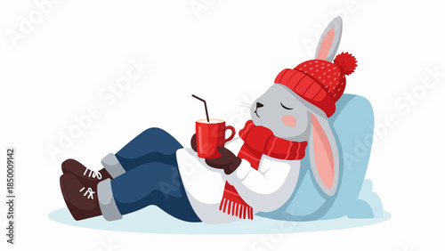 Cozy rabbit wearing winter clothes sipping from a mug on a snowy surface
