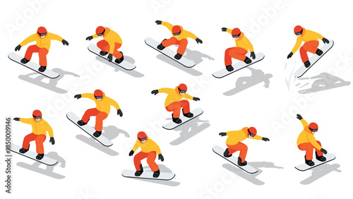 Dynamic snowboarding action in isometric style: winter sports enthusiasm