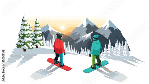 Snowboarders in winter mountain landscape at sunrise with snowy pines