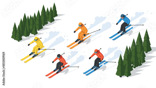 Isometric skiers racing down mountain slope with snow and trees