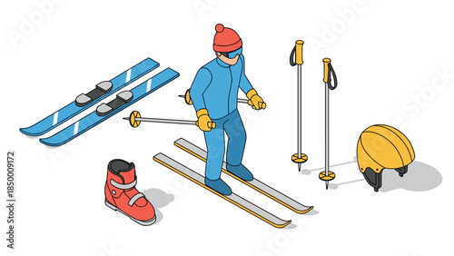 Winter sports equipment and skier in isometric style for outdoor recreation concepts
