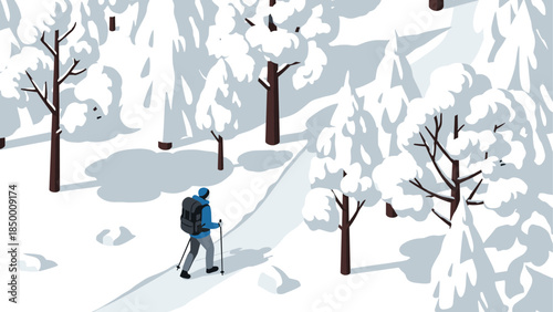 Winter hiking adventure in snowy forest landscape with lone trekker