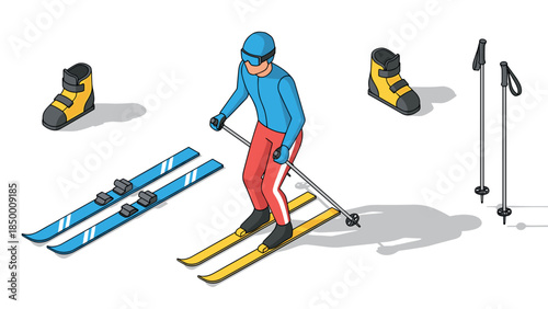 Isometric winter sport scene with skier and equipment