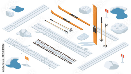 Isometric winter ski equipment and tracks with snow elements and flags