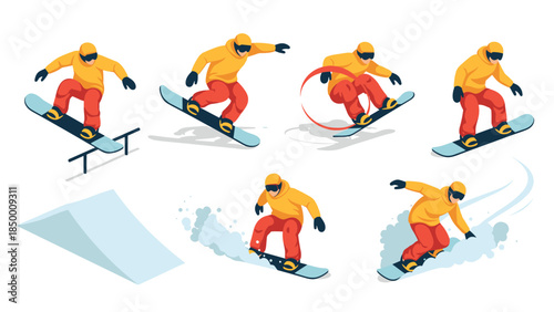 Snowboarder in action: dynamic winter sports with multiple tricks in stylish isometric design