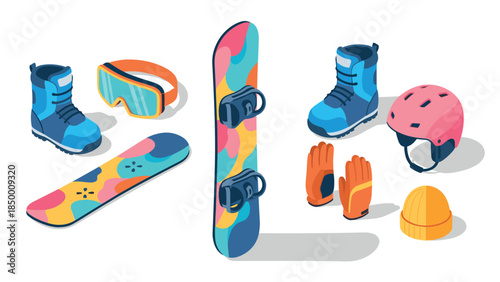 Colorful winter sports gear collection with snowboarding equipment in isometric style