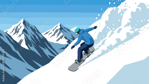 Snowboarder gliding down snowy mountain slope in vibrant winter adventure scene