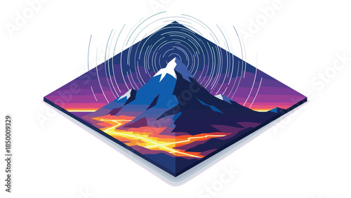 Isometric mountain peak with geometric patterns and vibrant colors