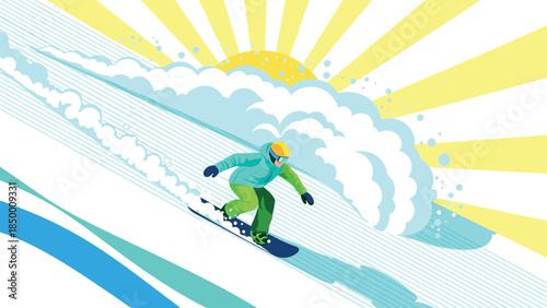 Dynamic snowboarder in vibrant winter landscape with sunburst