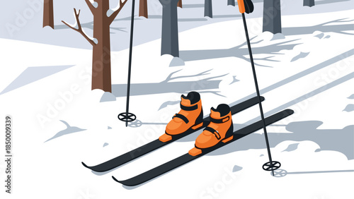 Winter scene with cross country skis and poles in snowy forest setting