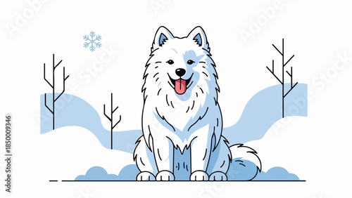 Lively white Samoyed dog in a serene winter landscape with snow-covered hills and bare trees