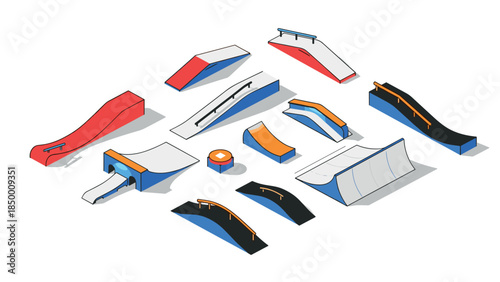 Colorful isometric skate park elements for extreme sports design