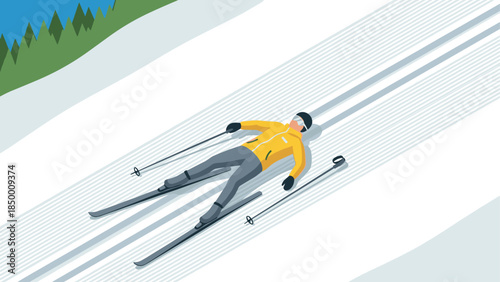 Isometric winter sport enthusiast skiing downhill in crisp snowy landscape