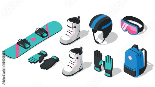 Winter sports gear in vibrant isometric design featuring snowboard and accessories