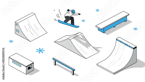 Isometric snowboarding park set with ramps and snowboarder in action