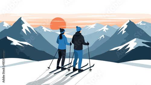 Mountain sunset skiing adventure: two skiers admiring winter landscape