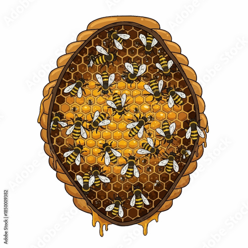 Busy bees working in a golden honeycomb hive with dripping honey.