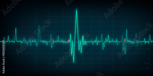 A digital electrocardiogram (ECG) display shows heart rate fluctuations. The waveform is in teal against a dark background, indicating medical monitoring.