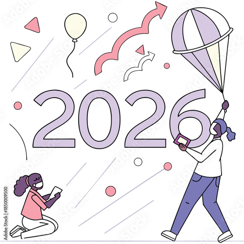 Unique New Year augmented reality (AR) themed vector illustration with futuristic celebration concept, featuring floating 3D numbers ‘2026’, holographic effects, glowing gradients, modern abstract 