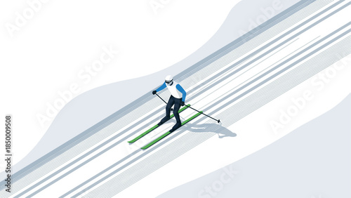 Isometric winter sport scene: skiing on fresh snow with green skis and blue jacket