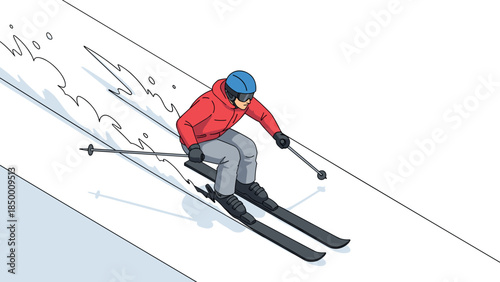 Dynamic alpine skiing: man in red jacket carving downhill on skis with blue helmet