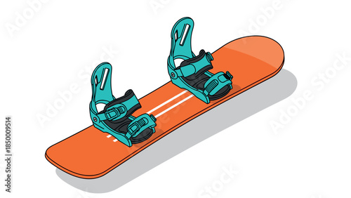 Modern isometric snowboard with bindings on white background