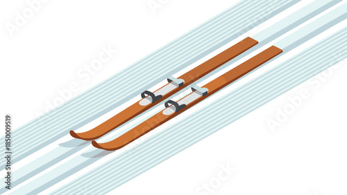 Isometric style skis on snowy terrain with parallel tracks for winter sports enthusiasts