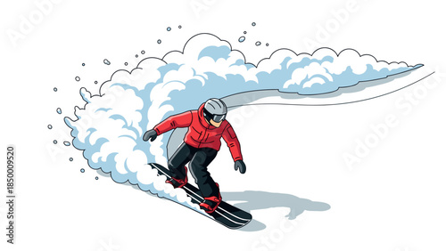 Snowboarder carving through powder in dynamic action scene