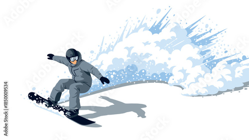 Dynamic snowboarder carving through powdery snow in a stylish action scene