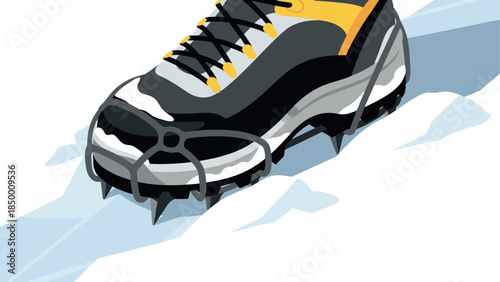 Hiking boot with crampons on ice in artistic flat style