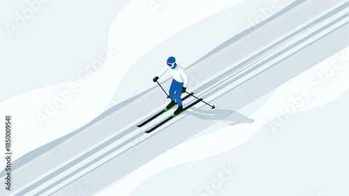 Skier glides on snow in minimalist isometric winter landscape scene