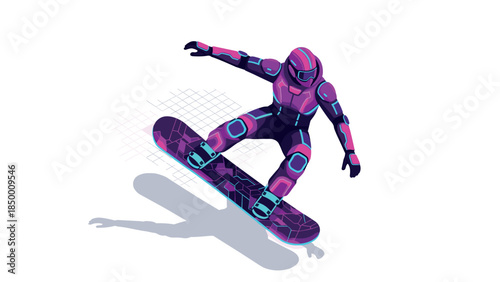 Futuristic neon snowboarder in action with dynamic motion and vibrant colors