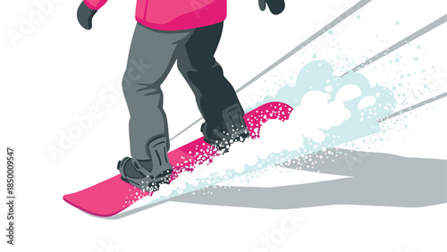 Snowboarder in motion with pink board on snowy slope in modern minimalist style