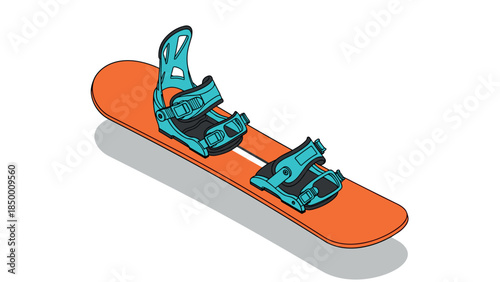 Vibrant orange snowboard with modern aqua bindings on white background