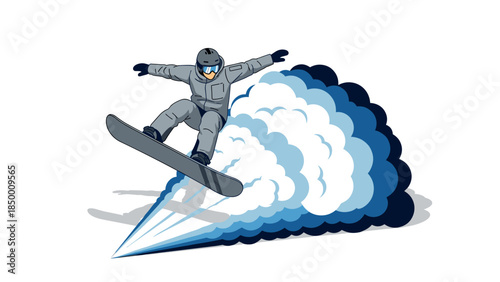 Snowboarder performing mid-air trick with dynamic smoke trail